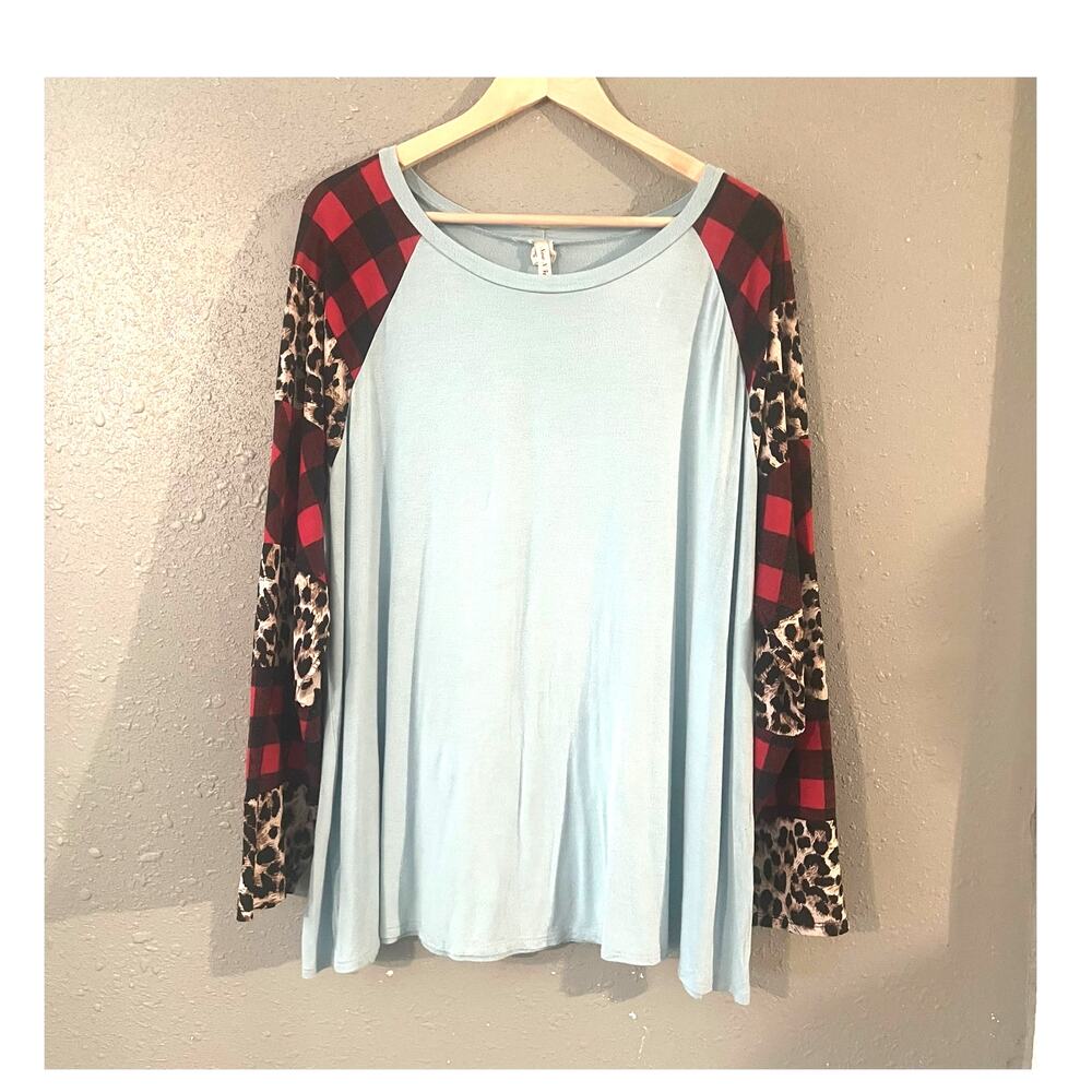 Now N Forever Women's Long Sleeve Scoop Neck T Shirt Blue with Red Buffalo Plaid